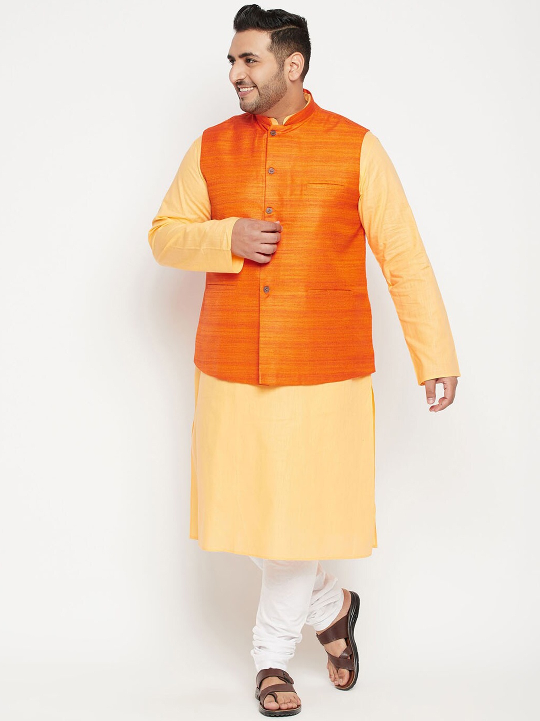 

VASTRAMAY PLUS Men Plus Size Kurta with Churidar & Nehru Jacket, Orange