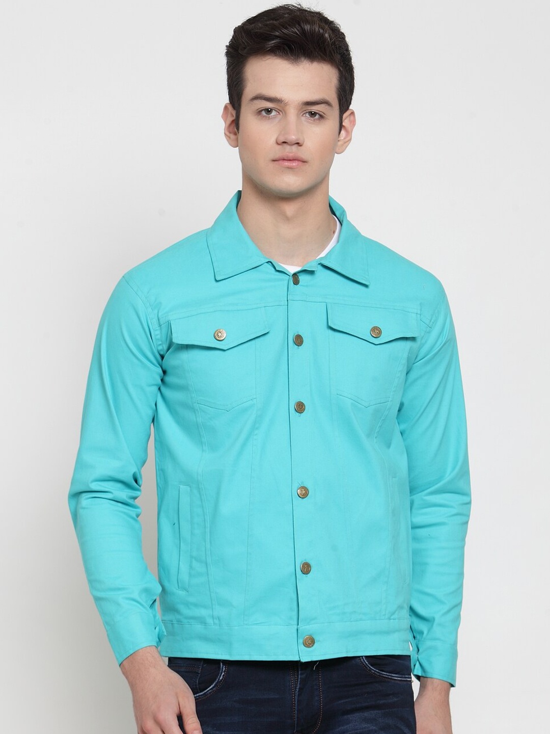 

VOXATI Men Cotton Denim Jacket with Patchwork, Turquoise blue