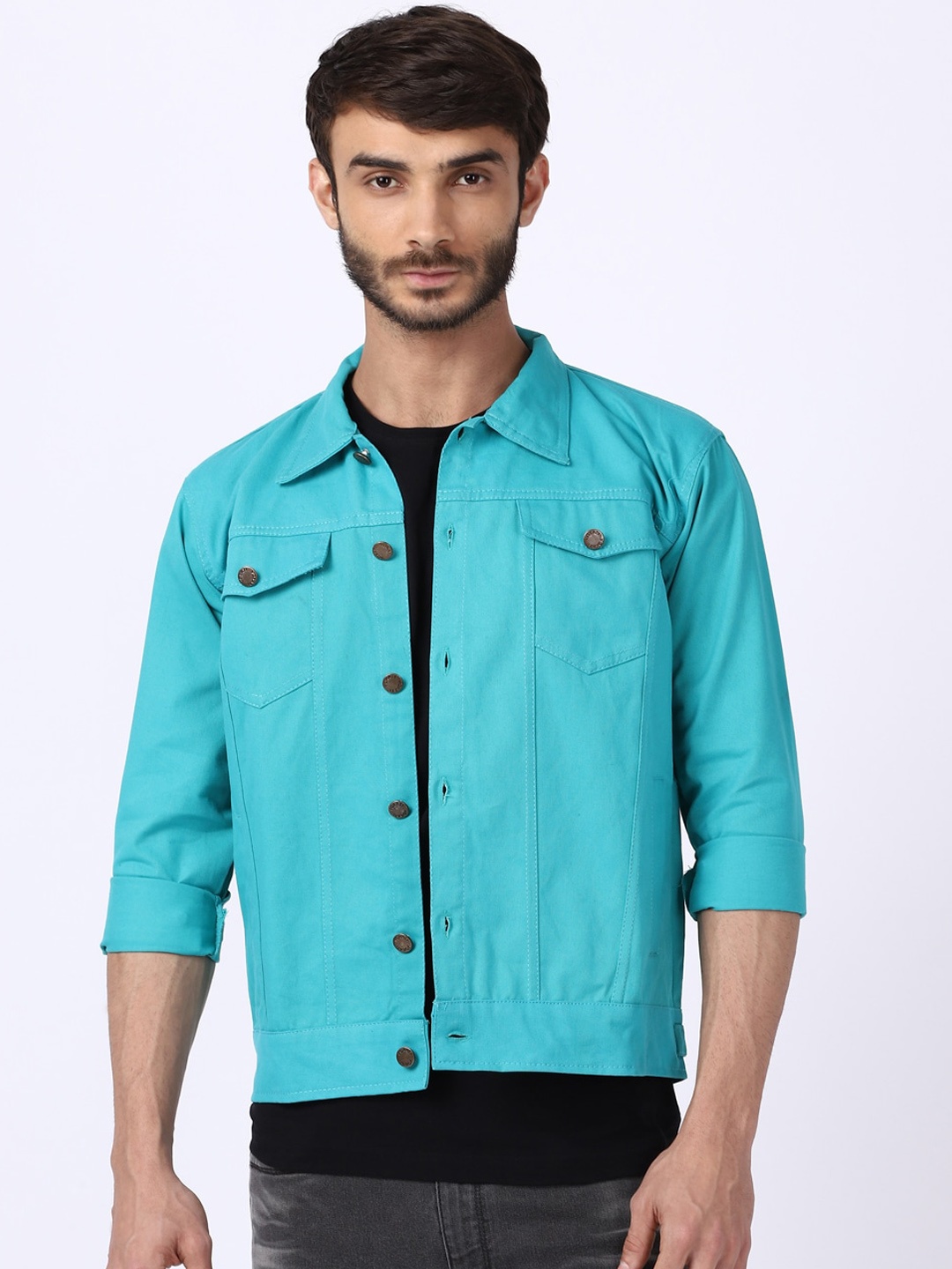 

VOXATI Men Cotton Denim Jacket, Turquoise blue