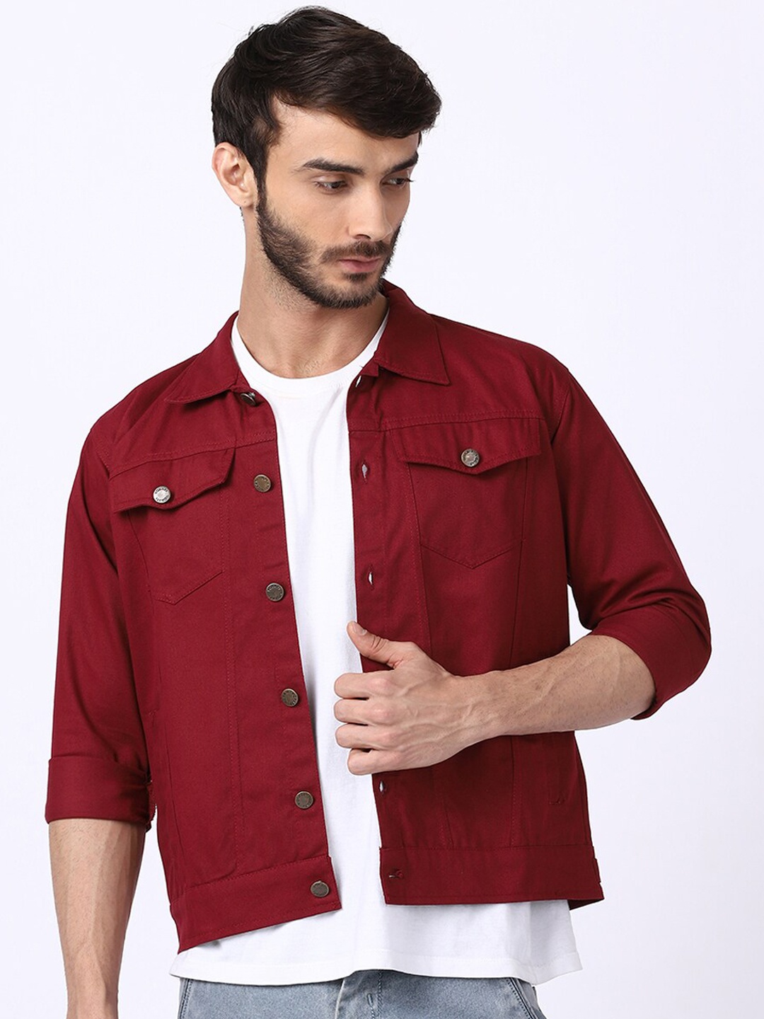 

VOXATI Men Solid Cotton Long Sleeves Denim Jacket, Maroon