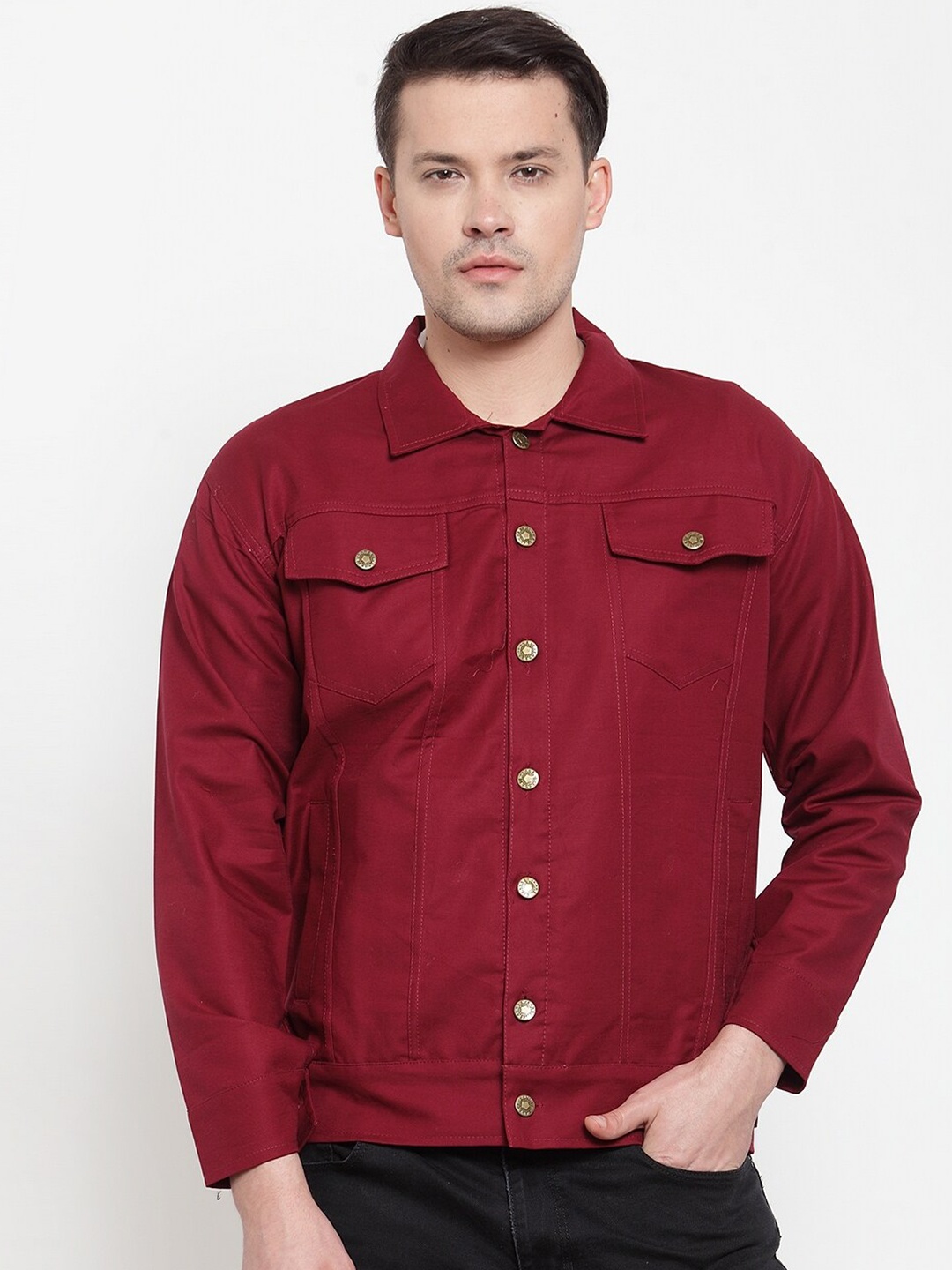 

VOXATI Men Cotton Denim Jacket, Maroon