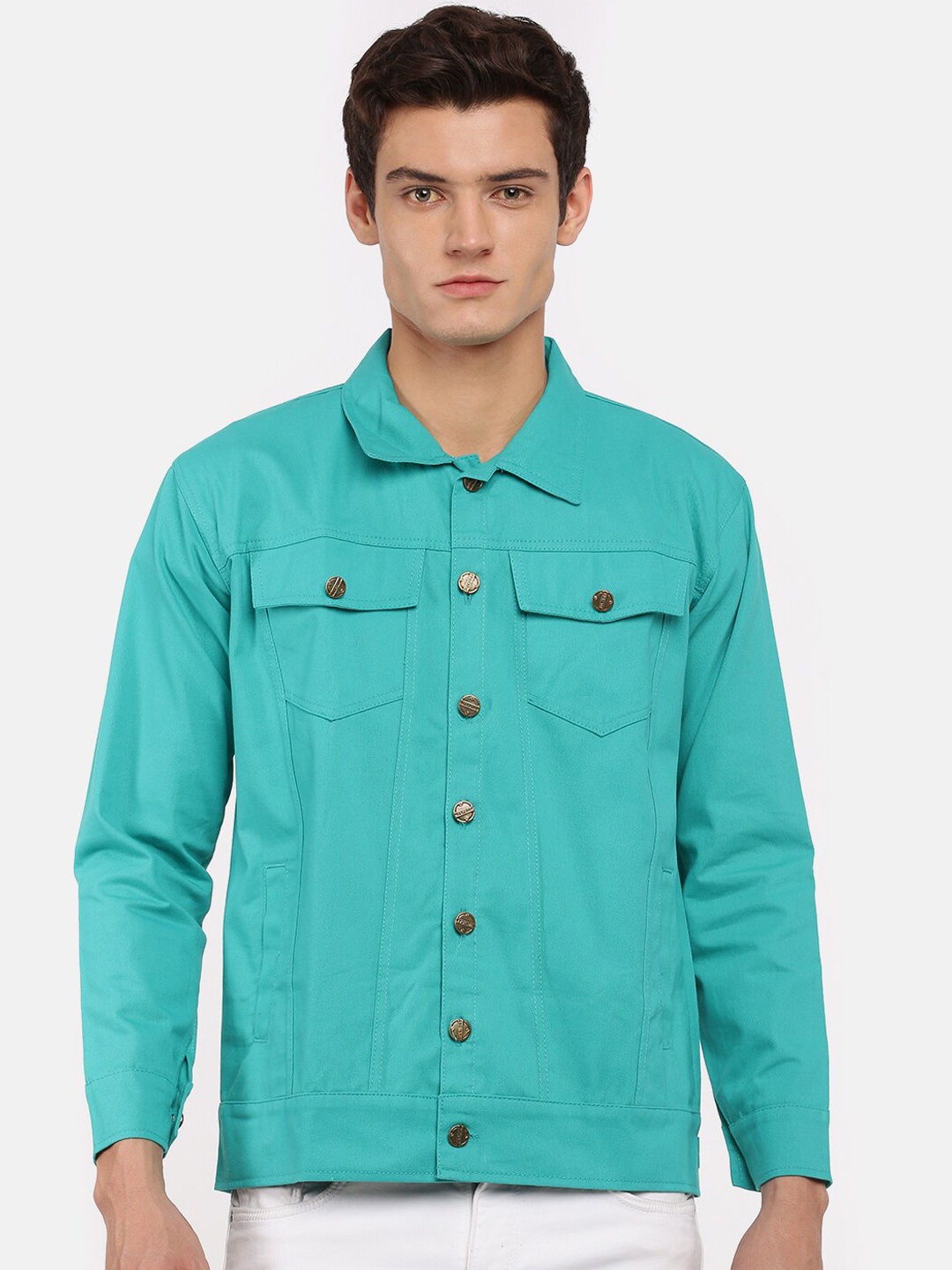 

VOXATI Men Solid Cotton Long Sleeves Denim Jacket, Turquoise blue