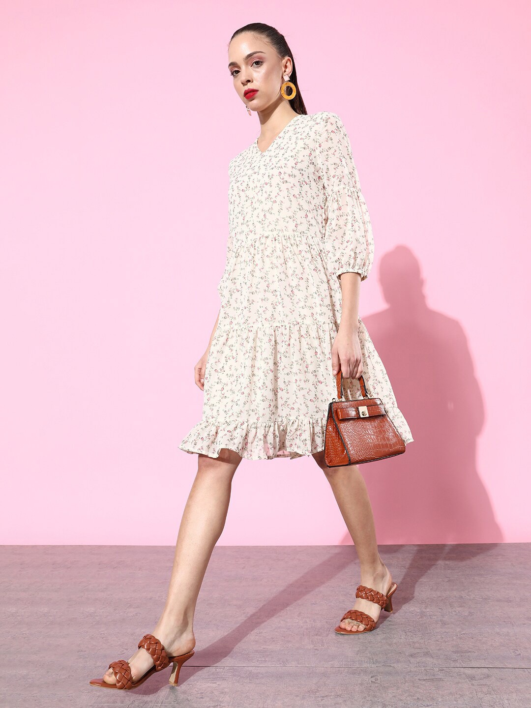 

DODO & MOA Floral Puff Sleeve Georgette A-Line Dress, Cream