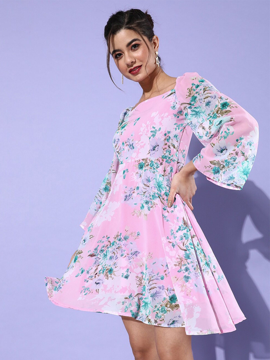 

DODO & MOA Flared Sleeve Floral Georgette Dress, Pink