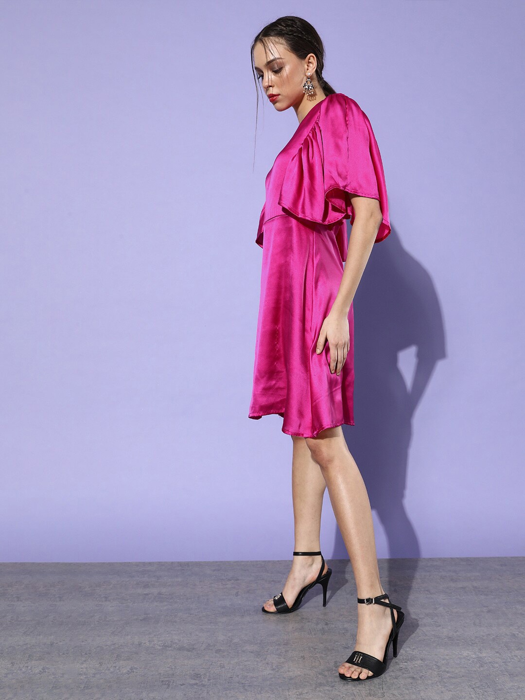 

DODO & MOA Round Neck Fit And Flare Satin Dress, Pink