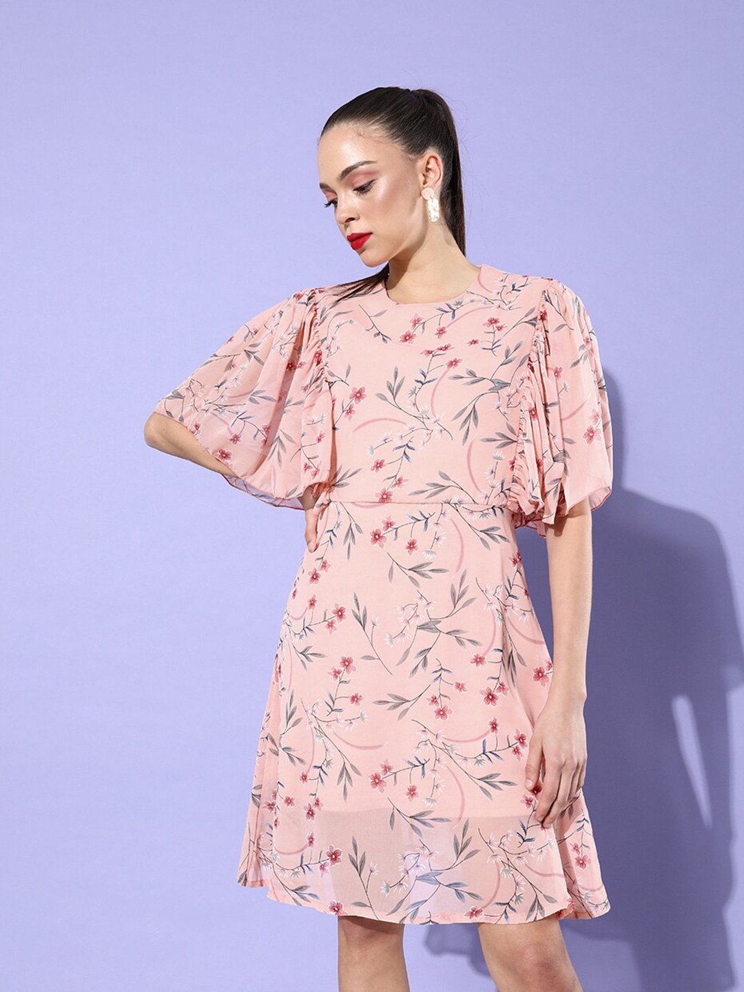 

DODO & MOA Flutter Sleeves Floral Georgette Dress, Peach