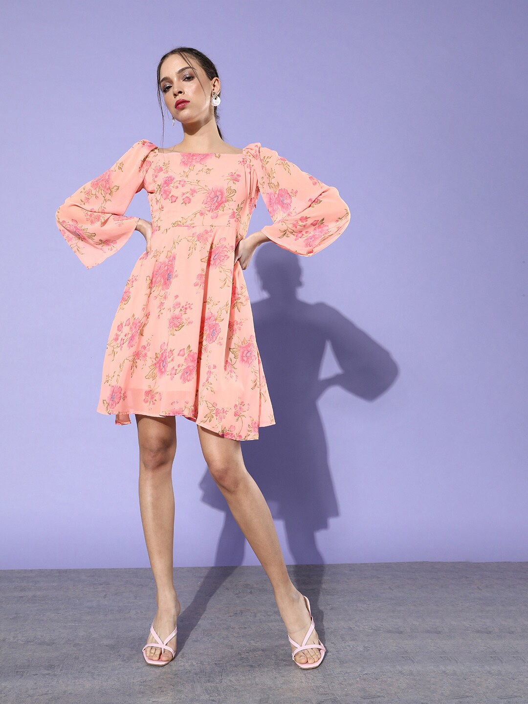 

DODO & MOA Floral Georgette A-Line Dress, Peach