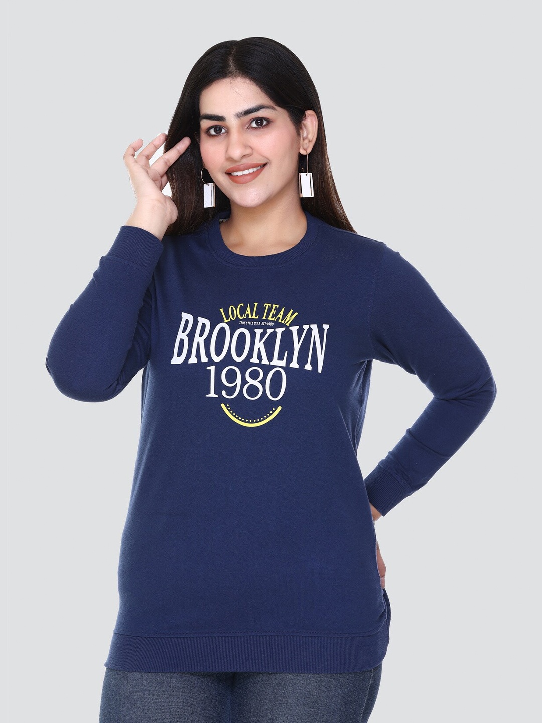 

Y&I Women Alphanumeric Printed Cotton Sweatshirt, Navy blue