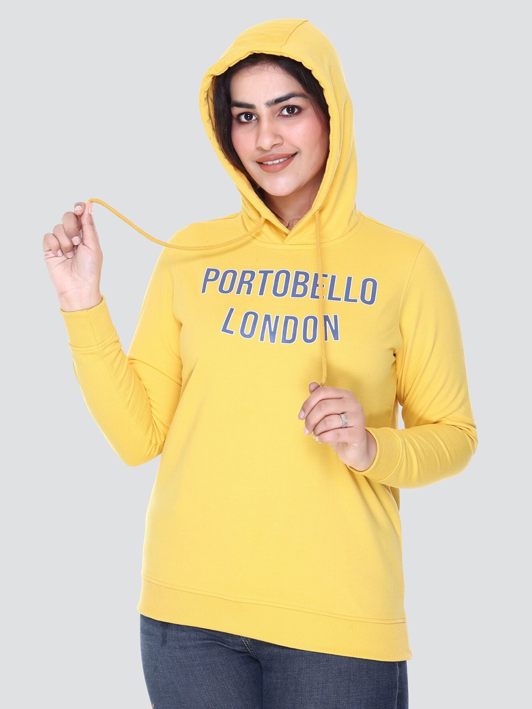 

Y&I Women Yellow Printed Hooded Sweatshirt