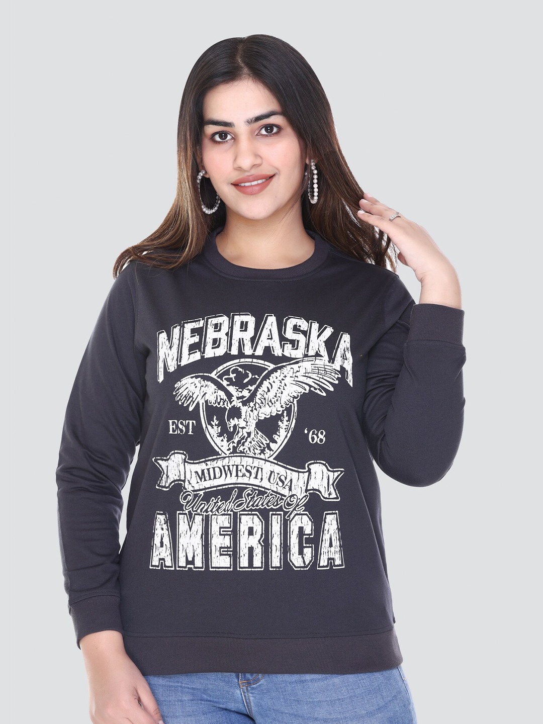 

Y&I Women Printed Sweatshirt, Grey