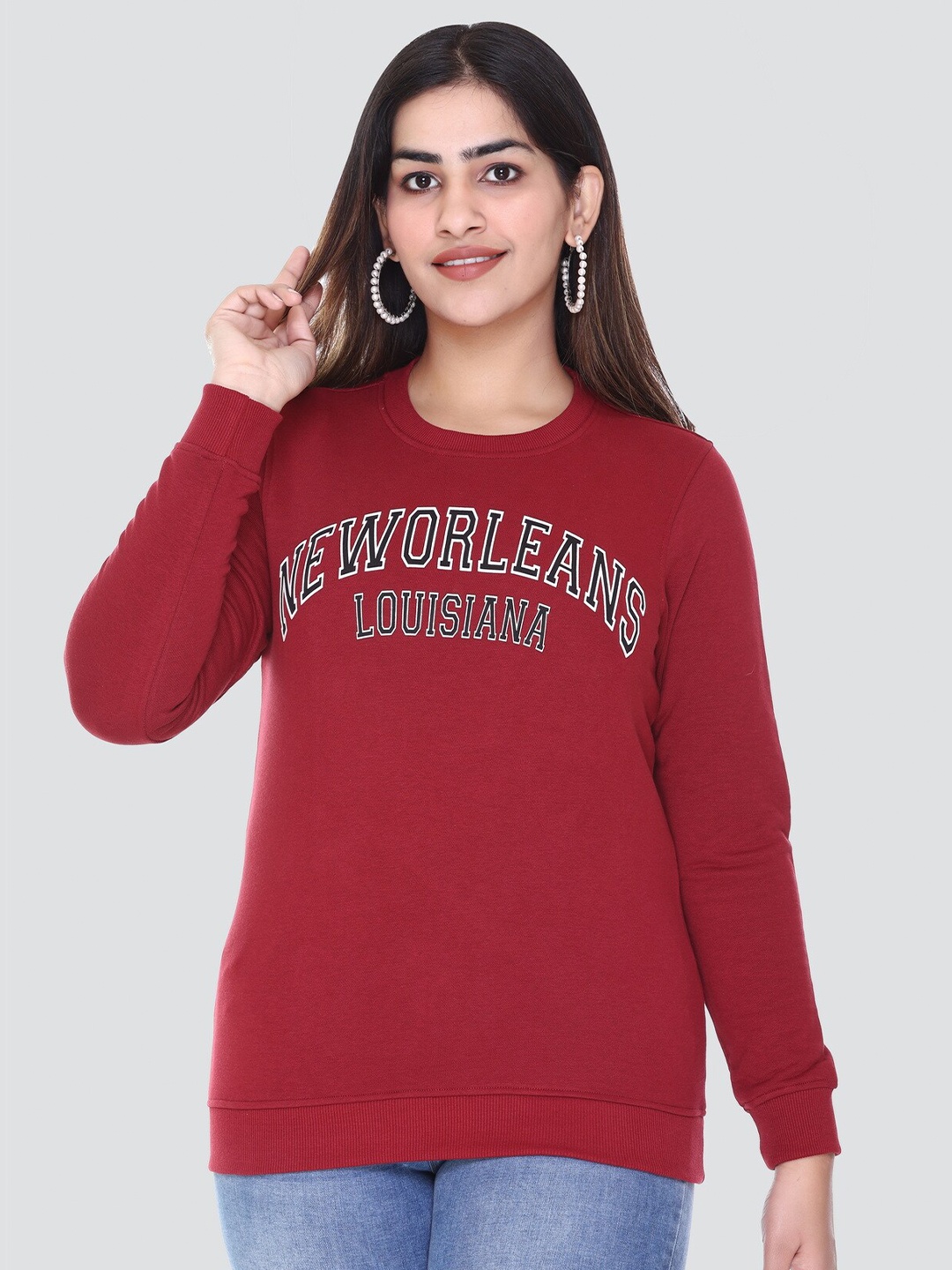 

Y&I Women Typography Printed Cotton Sweatshirt, Maroon