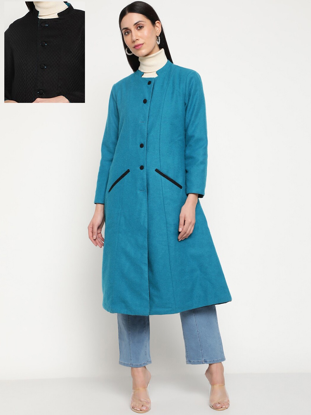 

Be Indi Women Reversible Acrylic Winter Overcoat, Turquoise blue