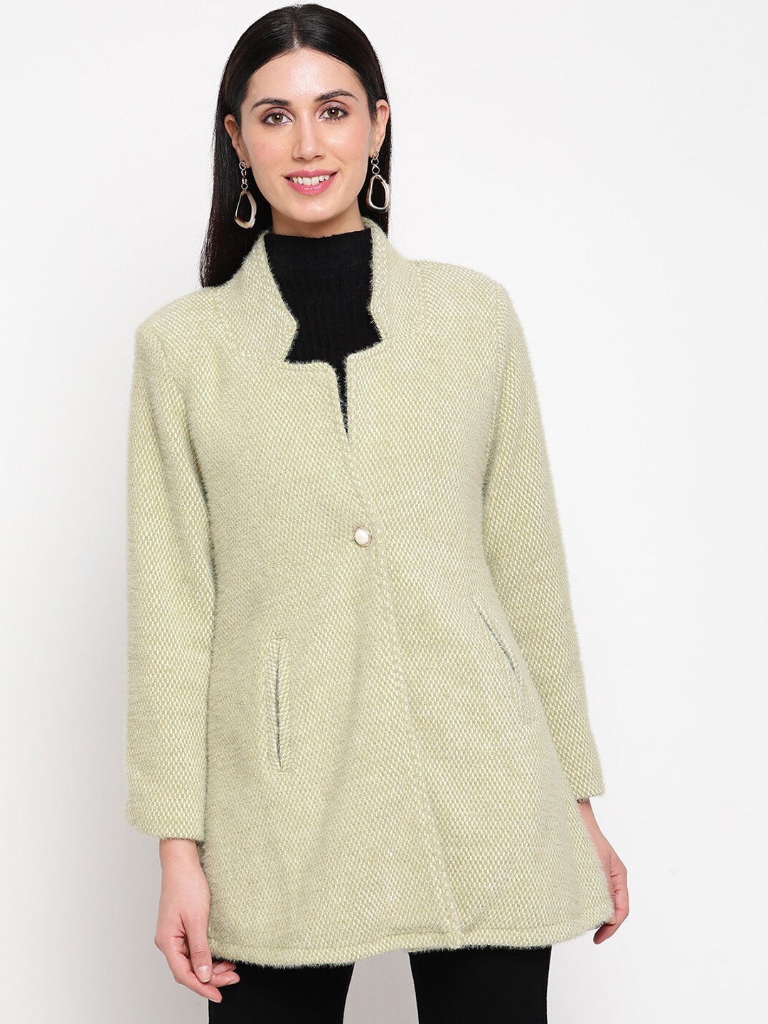 

Be Indi Women Stand Collar Acrylic Winter Overcoat, Green