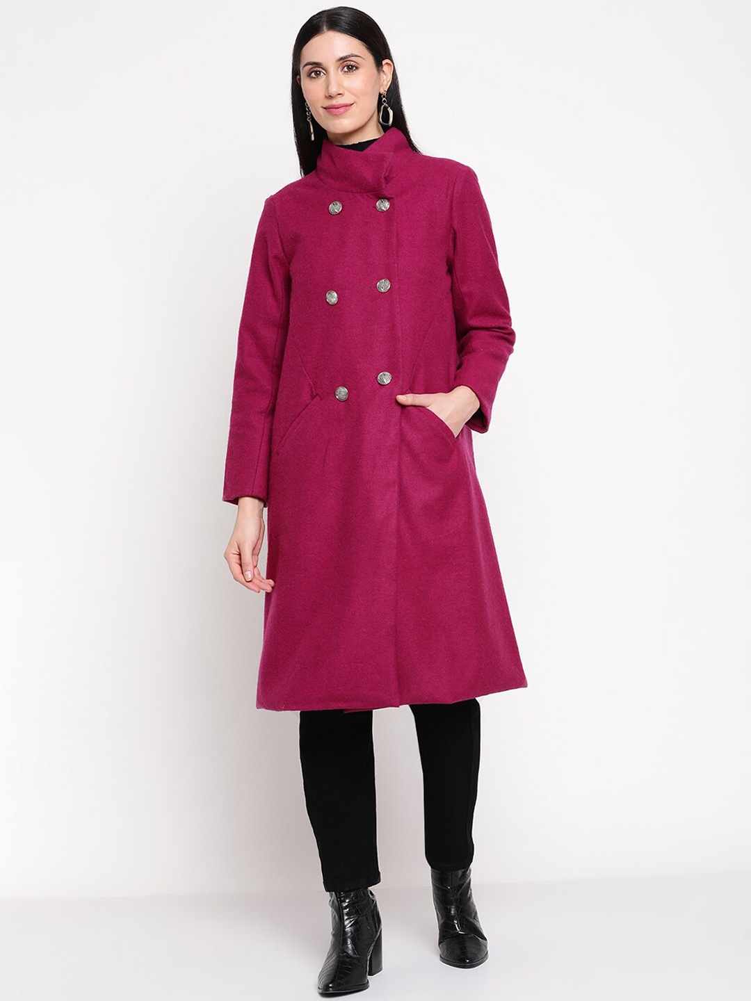 

Be Indi Women Double-Breasted Acrylic Overcoat, Fuchsia