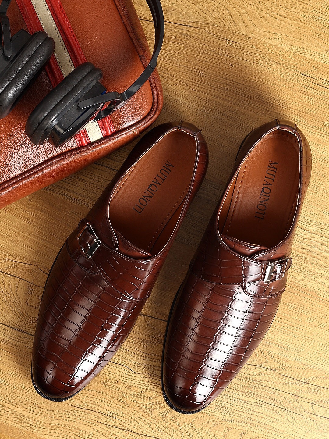 

MUTAQINOTI Men Textured Leather Formal Monk Shoes, Burgundy