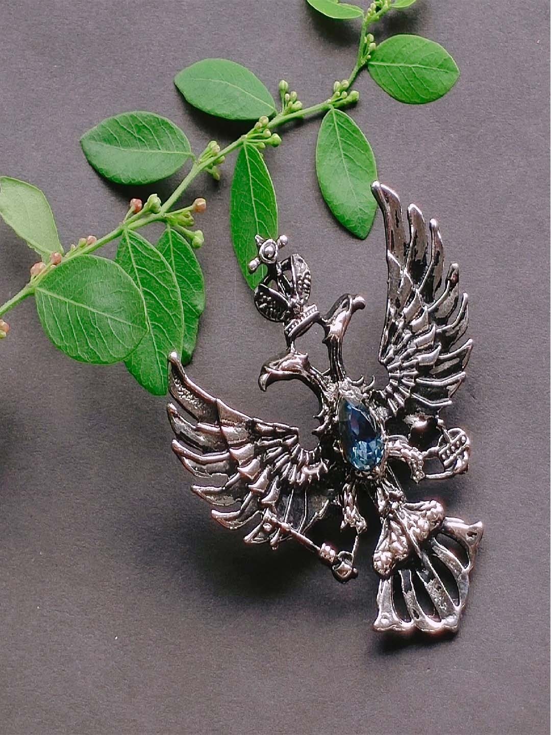 

Mahi Men Dual Head Eagle With Wings Crystal Studded Brooch, Silver