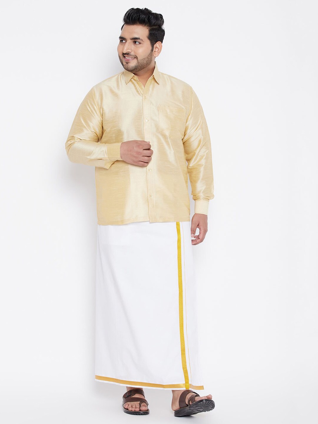 

VASTRAMAY PLUS Men Plus Size Shirt With Veshti, Beige
