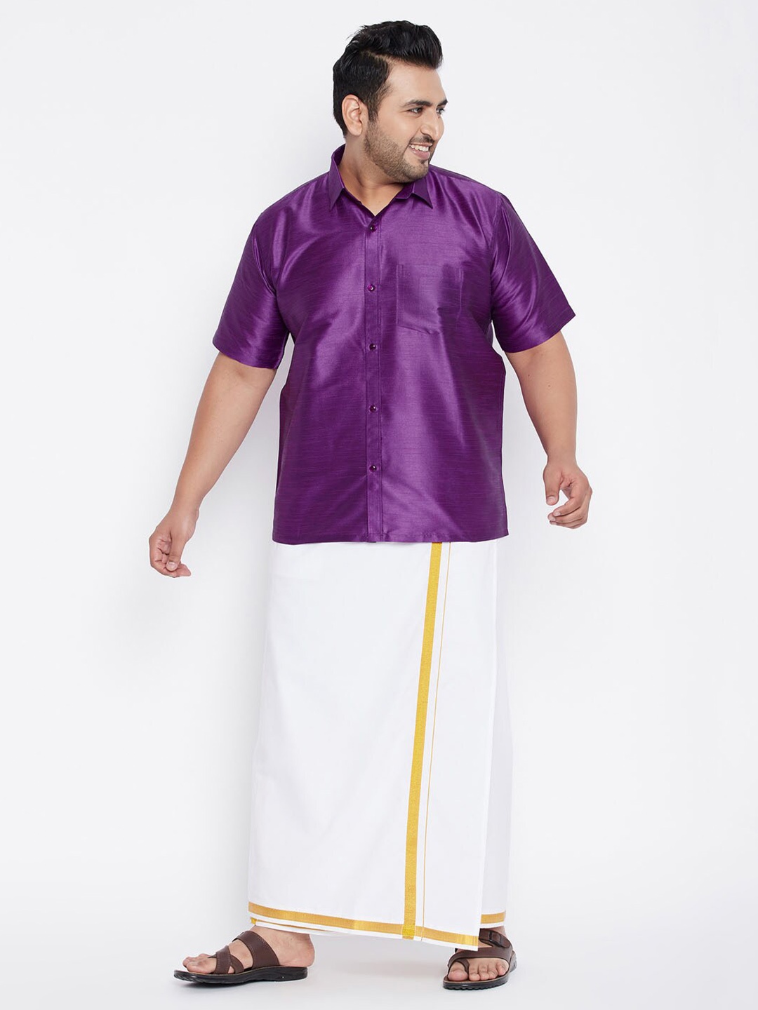 

VASTRAMAY PLUS Men Plus Size Solid Short Sleeves Shirt with Dhoti, Purple