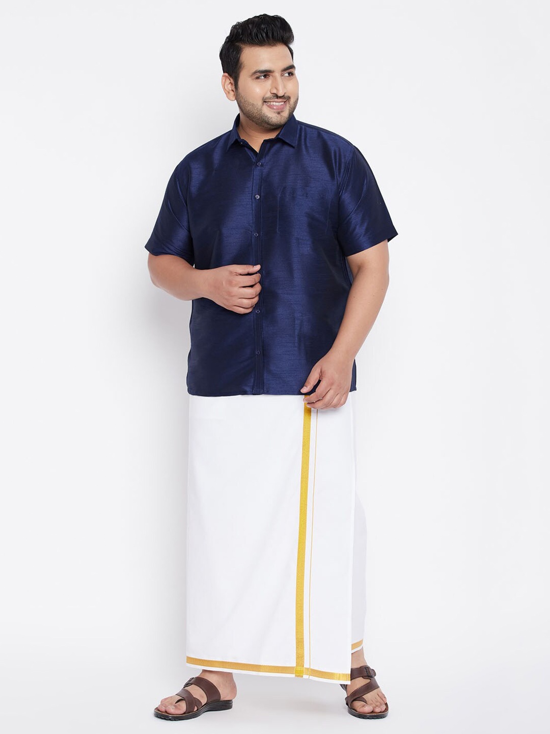 

VASTRAMAY PLUS Men Plus Size Shirt With Veshti, Navy blue
