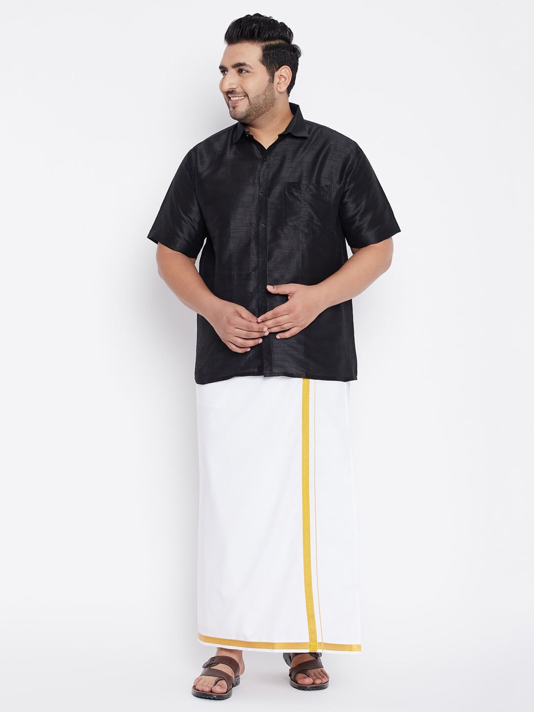 

VASTRAMAY PLUS Men Plus Size Solid Short Sleeves Shirt with Dhoti, Black