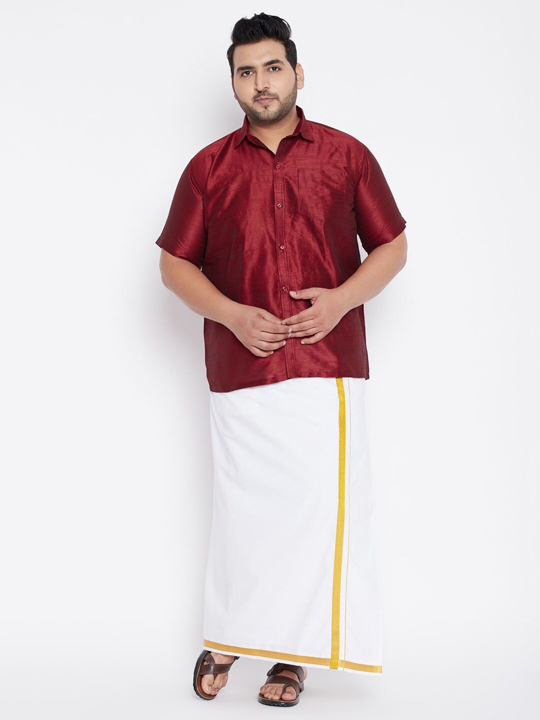 

VASTRAMAY PLUS Men Plus Size Shirt With Veshti, Maroon