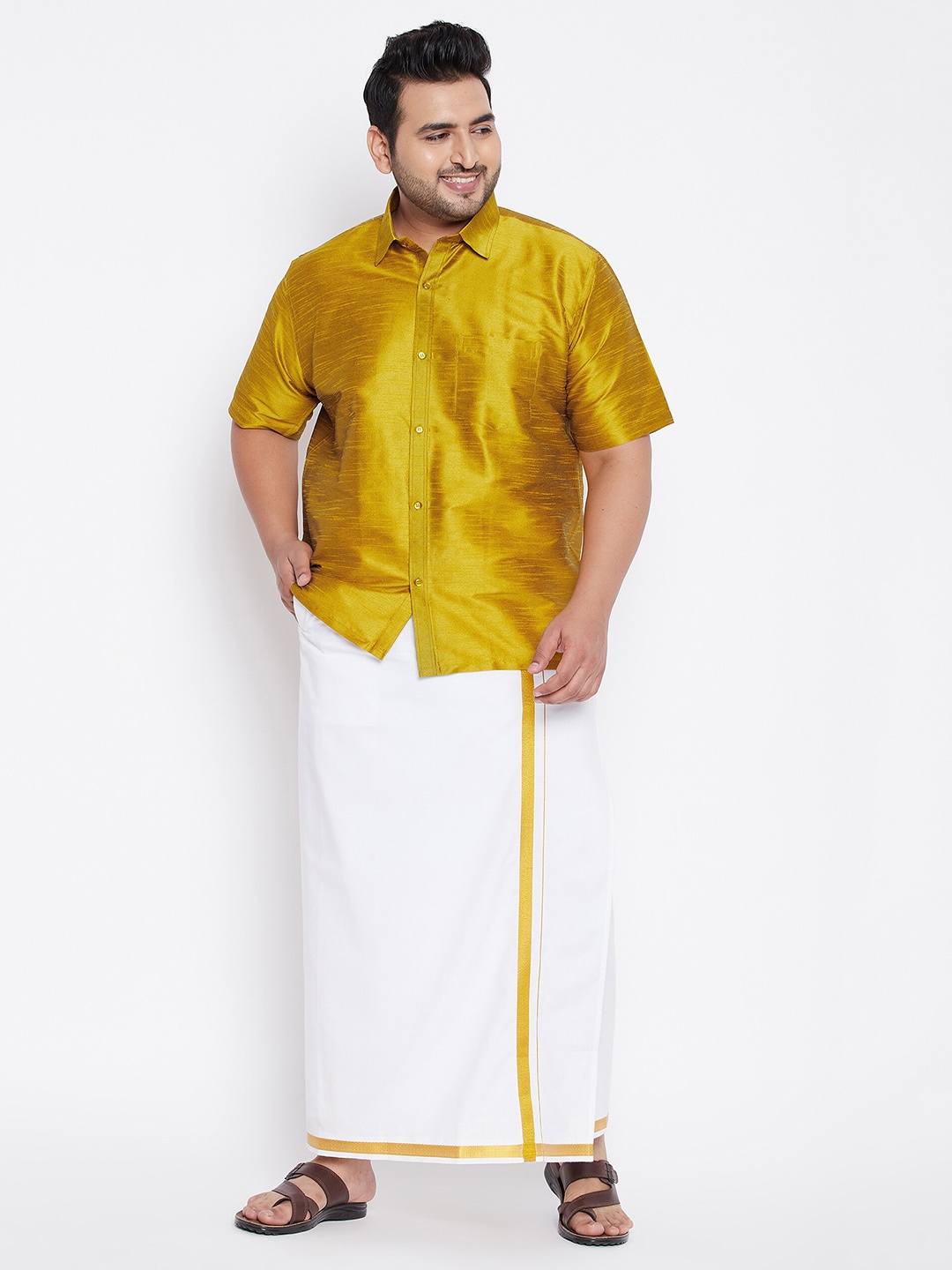 

VASTRAMAY PLUS Men Plus Size Shirt With Veshti, Mustard