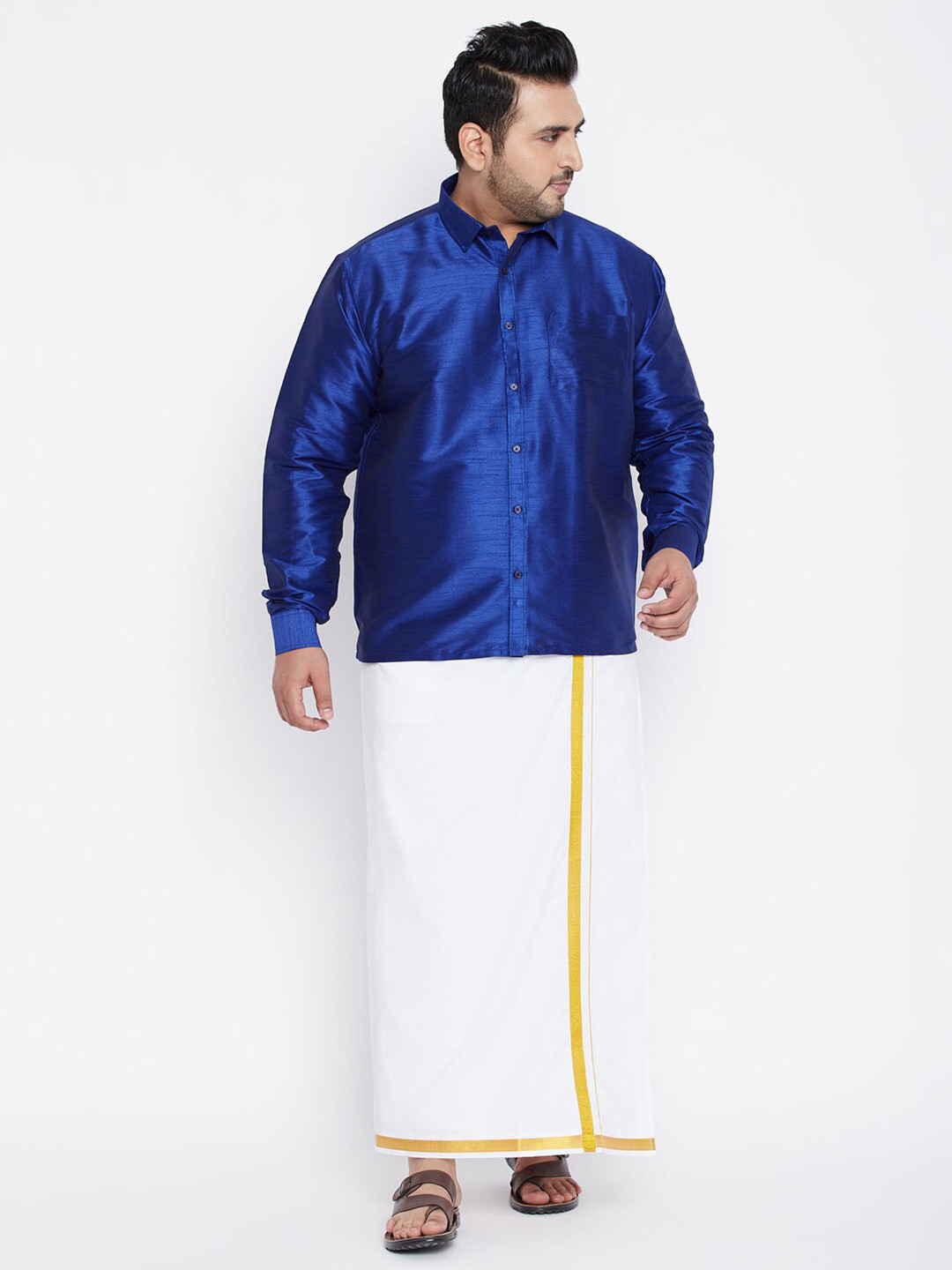 

VASTRAMAY PLUS Men Plus Size Shirt With Veshti, Blue