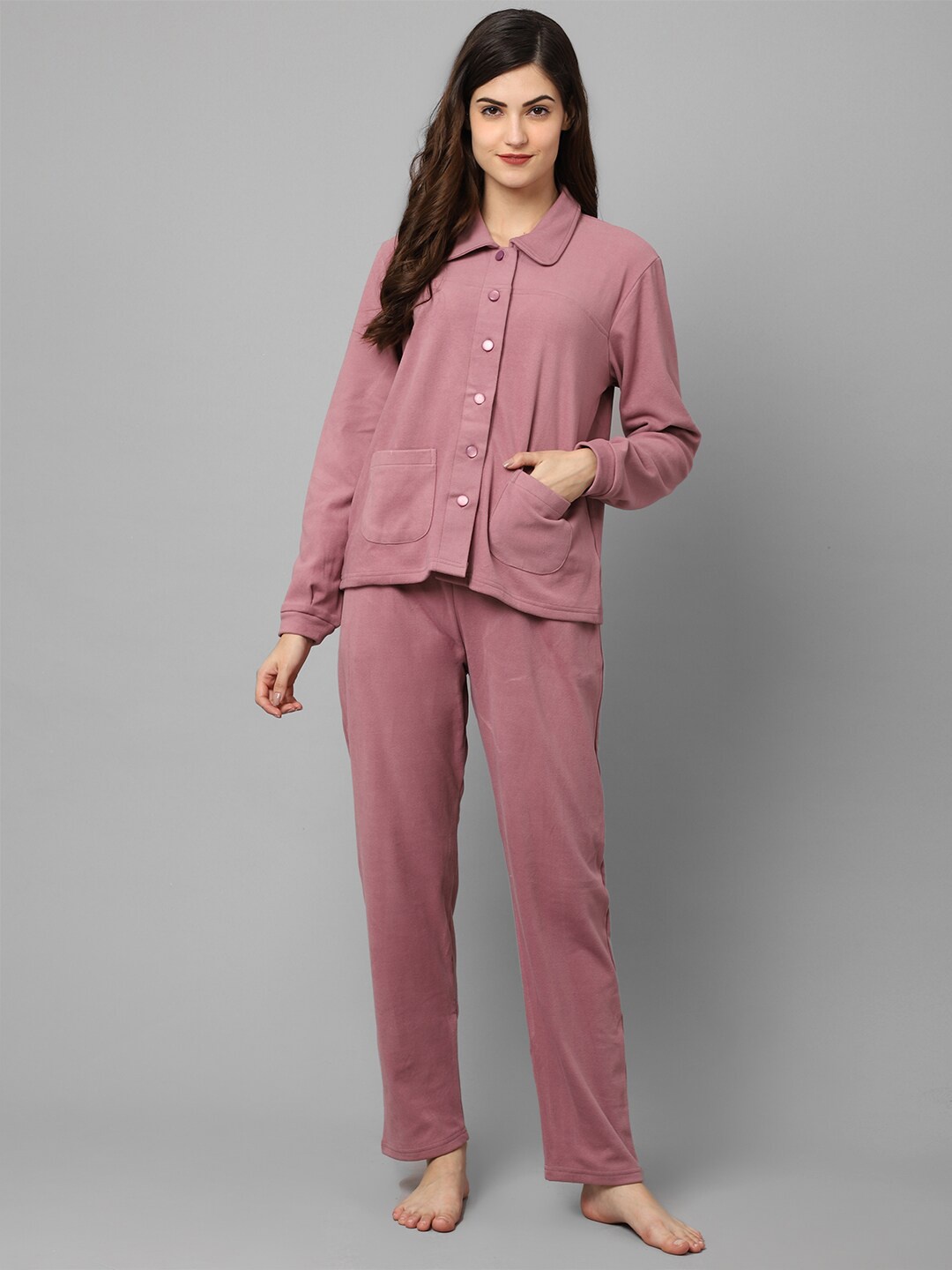 

Aerowarm Women Shirt Collar Fleece Night suit, Pink
