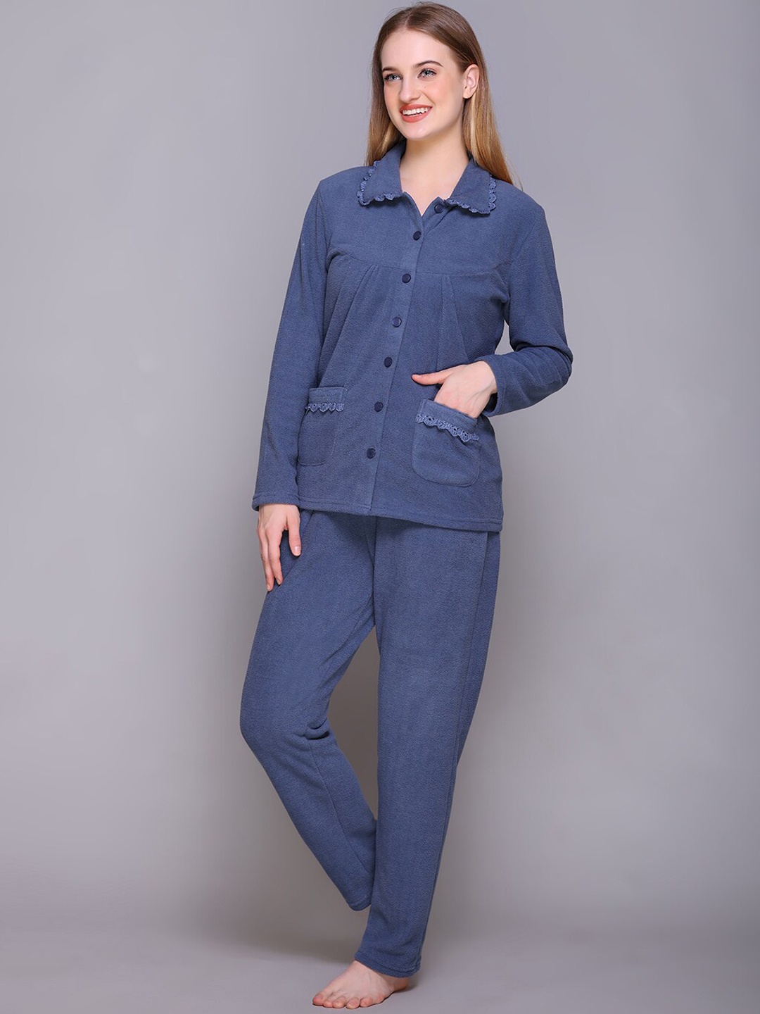 

Aerowarm Women Shirt Collar Night suit, Blue