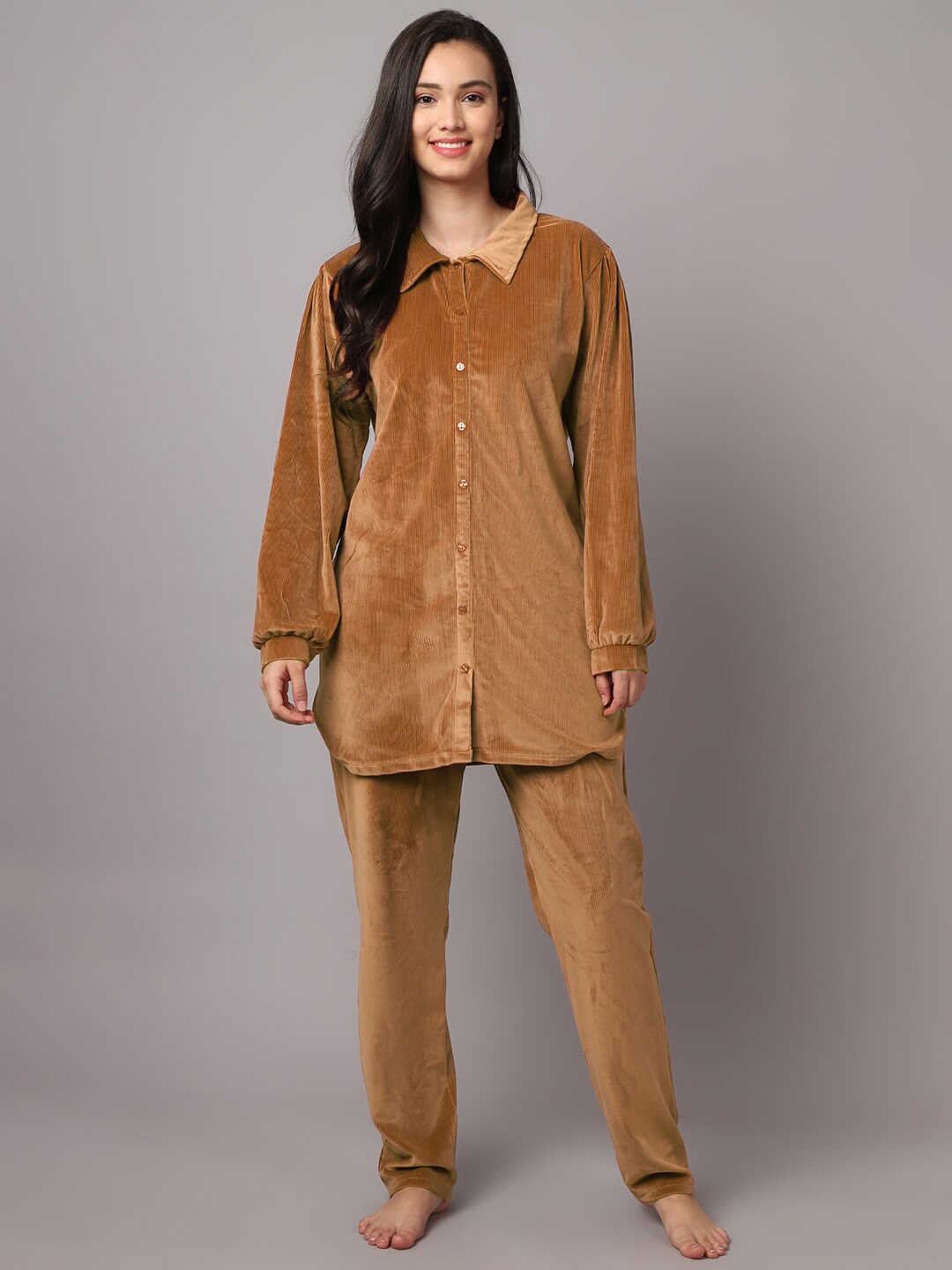

Aerowarm Women Shirt Collar Night suit, Tan