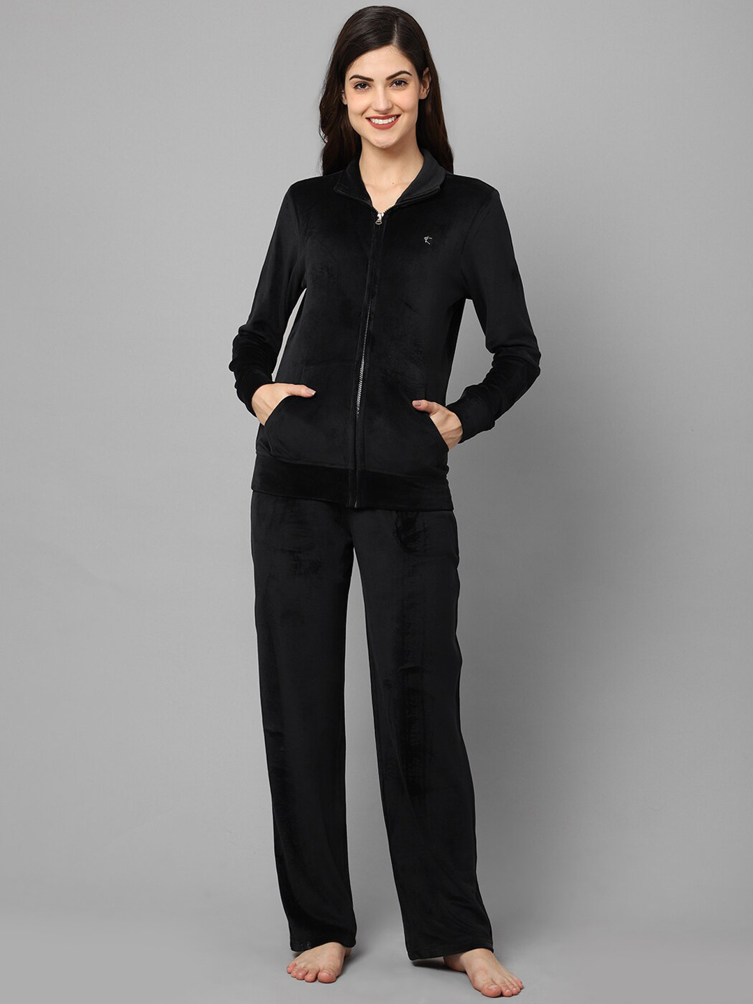 

Aerowarm Women Shirt Style Velvet Night suit, Black