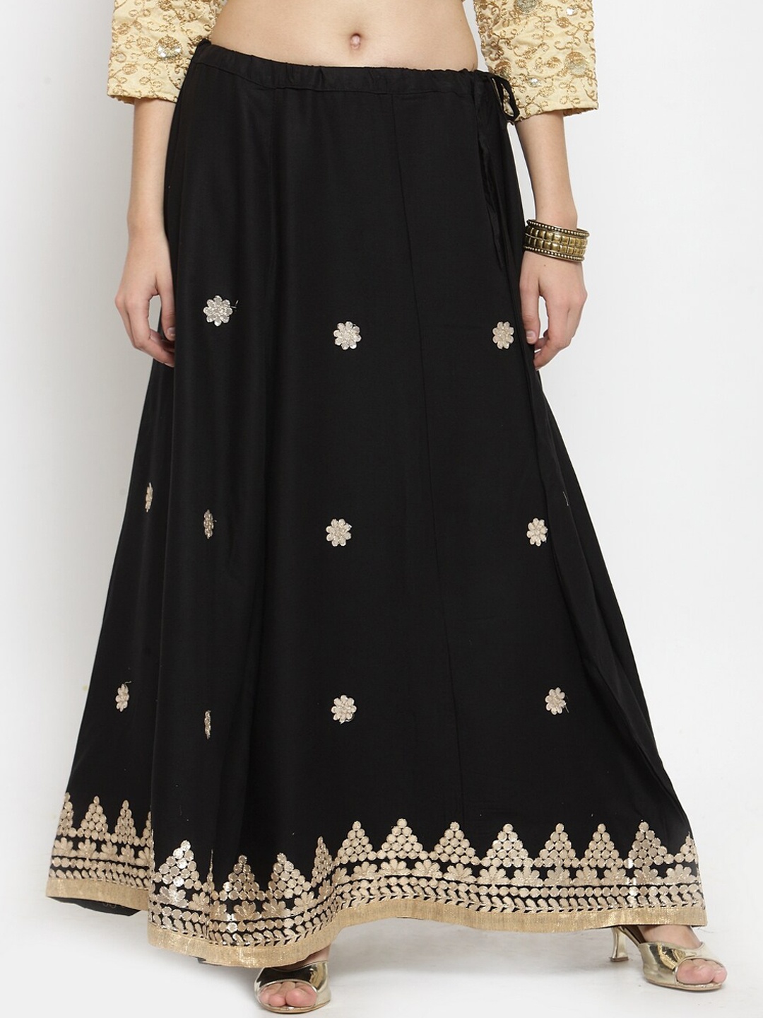 

Clora Creation Gota Patti Embroidered Flared Maxi Skirt, Black