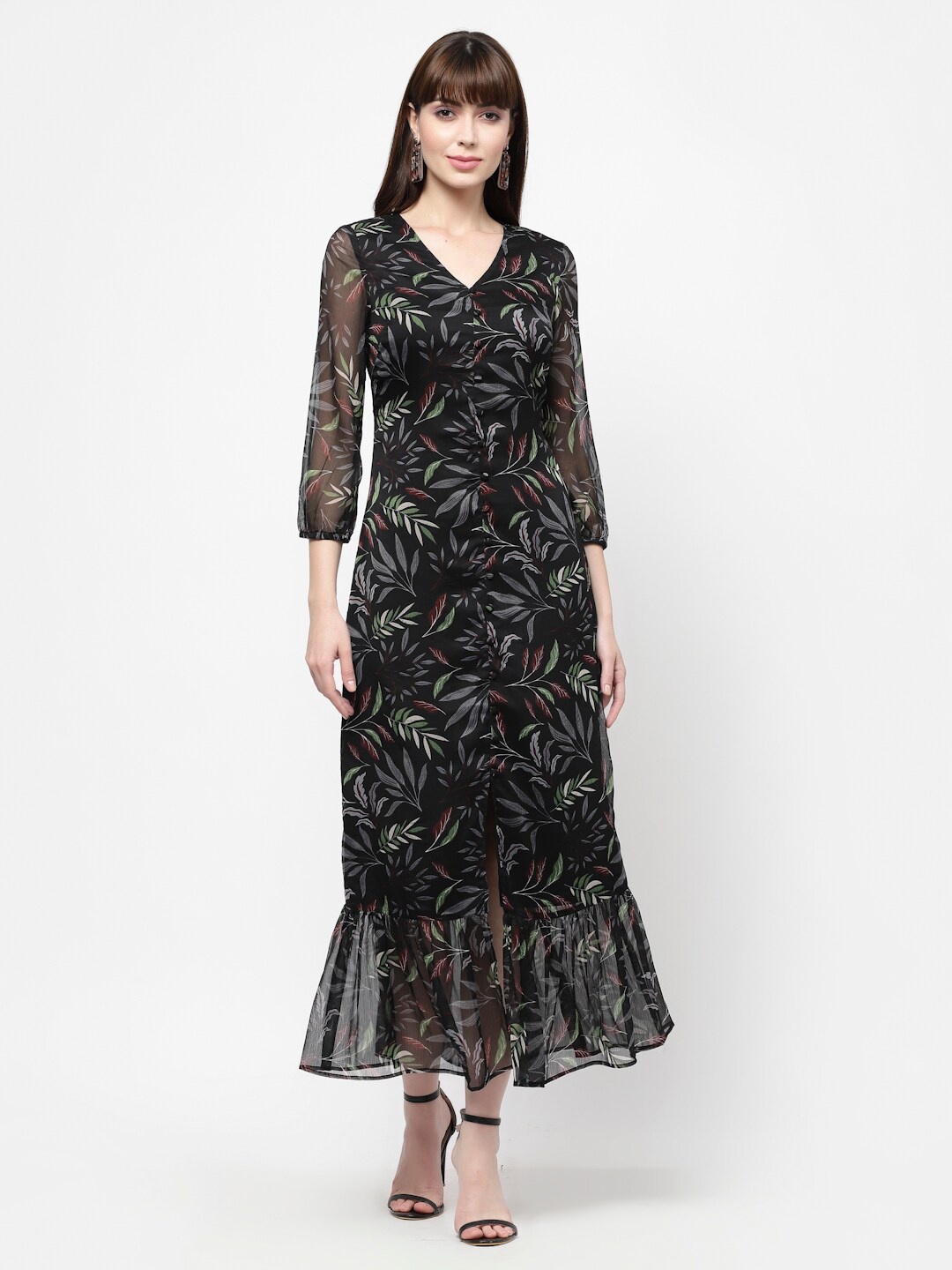 

FLAWLESS Floral Printed V-Neck Sheath Maxi Dress, Black