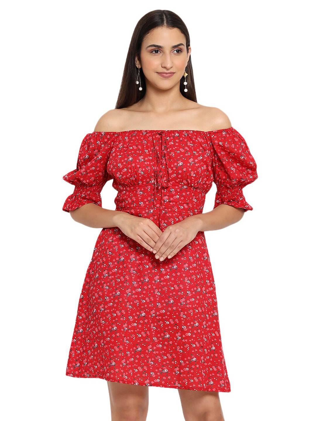 

MARC LOUIS Cotton Floral Off-Shoulder Dress, Red