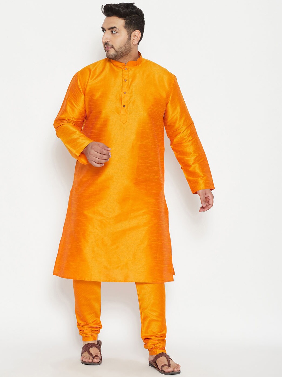 

VASTRAMAY PLUS Men Plus Size Mandarin Collar Kurta with Churidar, Orange