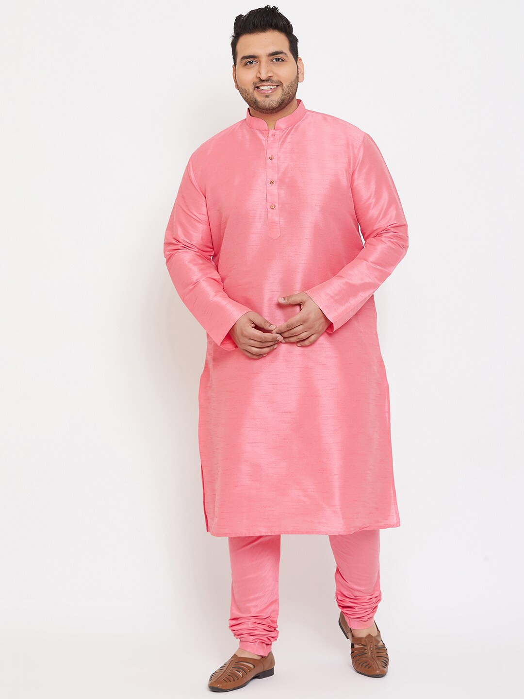 

VASTRAMAY PLUS Men Plus Size Mandarin Collar Kurta with Churidar, Pink