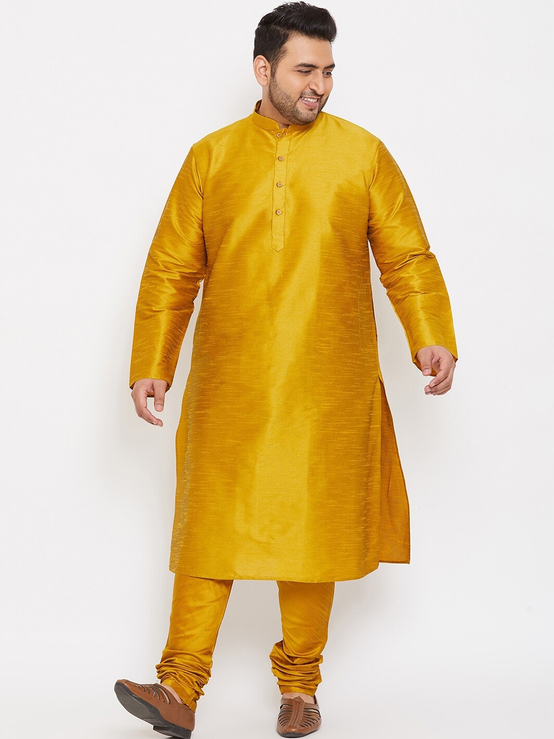 

VASTRAMAY PLUS Men Plus Size Kurta with Churidar & Nehru Jacket, Mustard