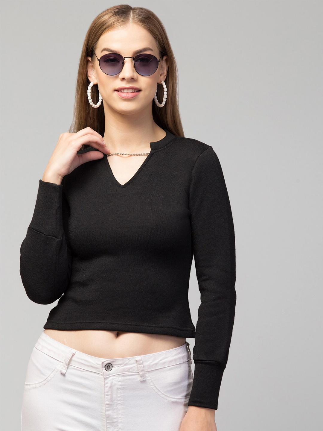 

Orchid Blues V-Neck Crop Wool Top, Black