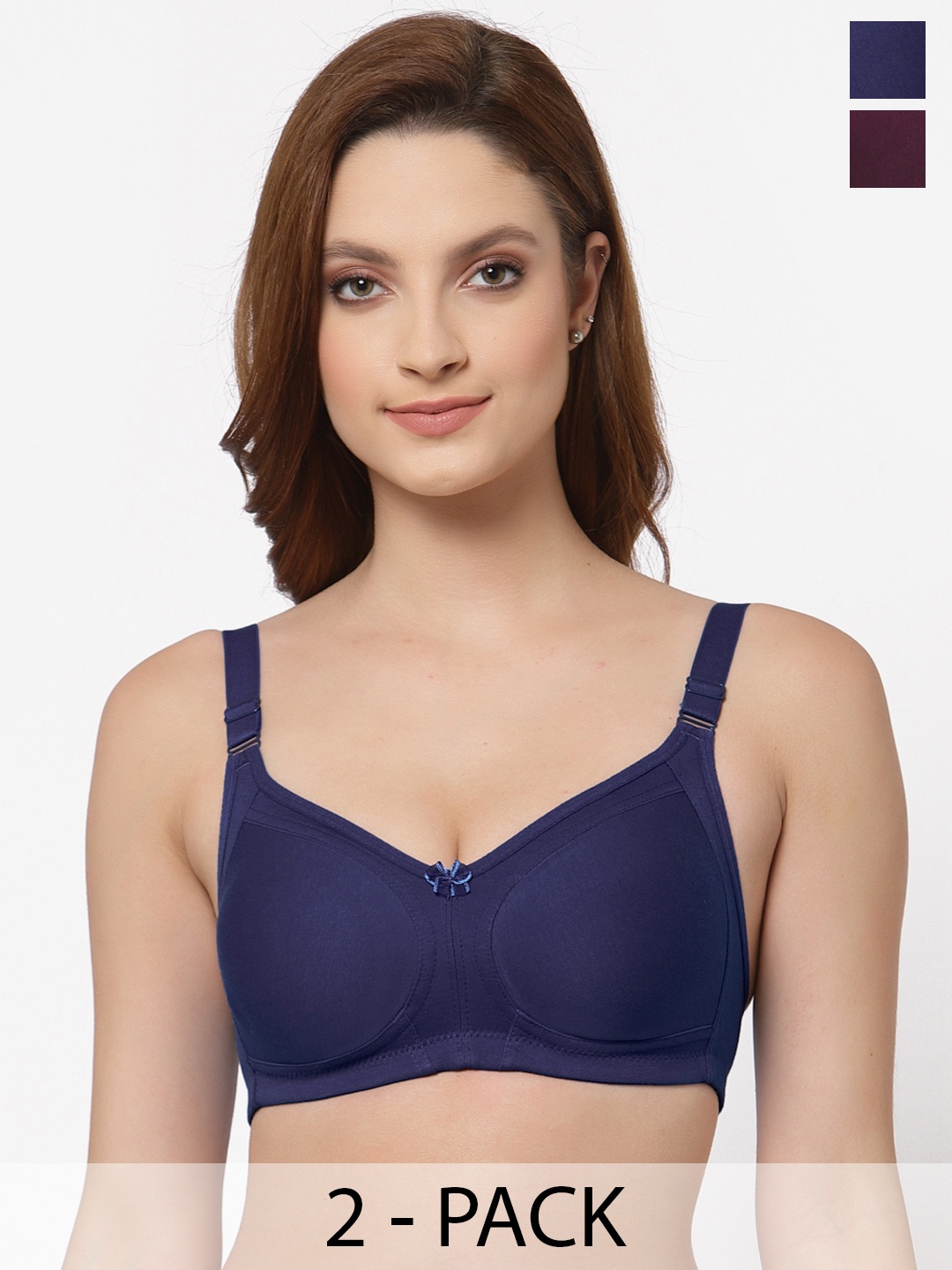 

Floret Pack of 2 Non Padded Non-Wired Cotton Full Coverage Everyday Bra With Moulded Cups, Navy blue