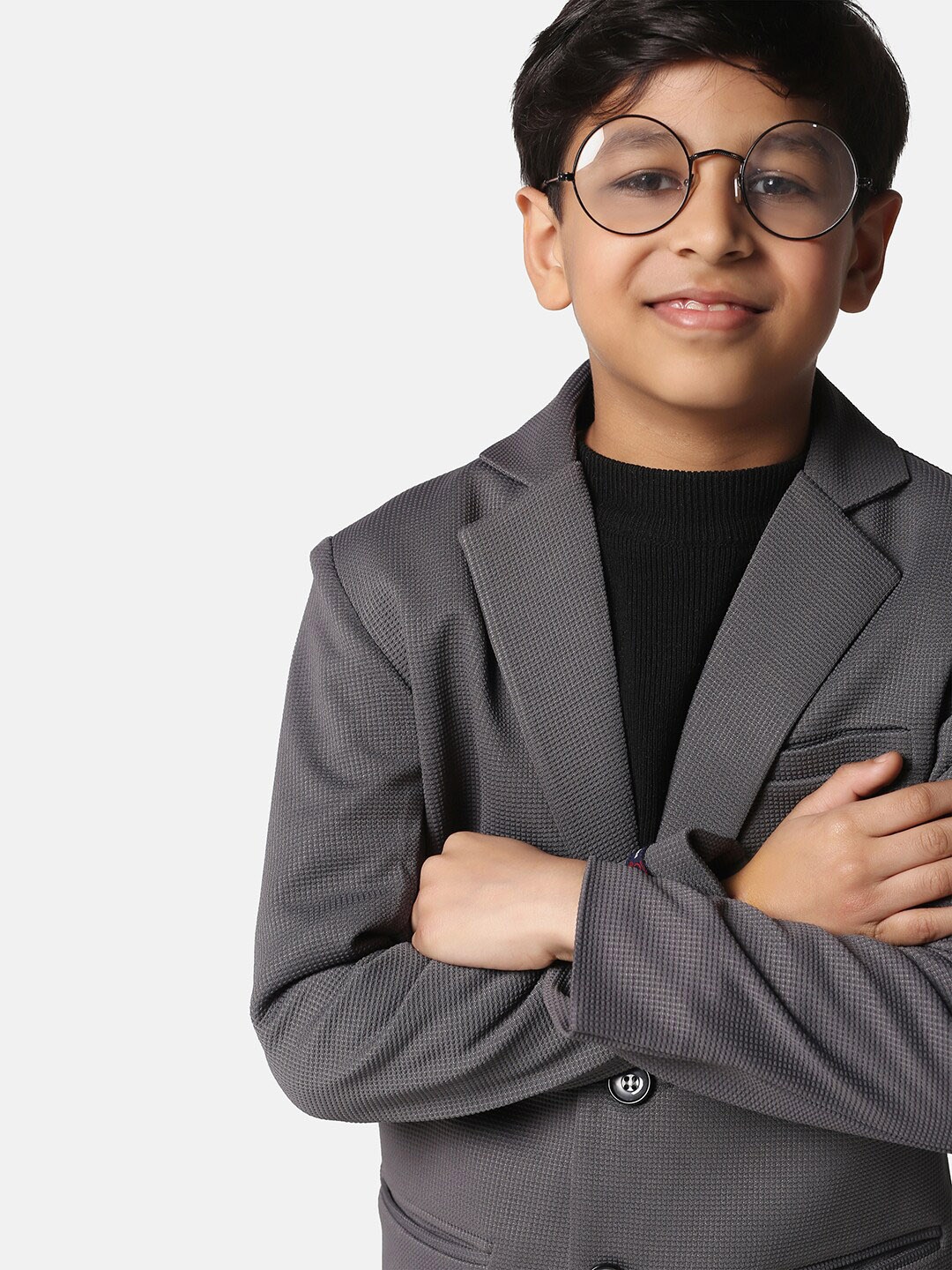 

TAHVO Boys Self Design Cotton Single-Breasted Casual Blazer, Grey