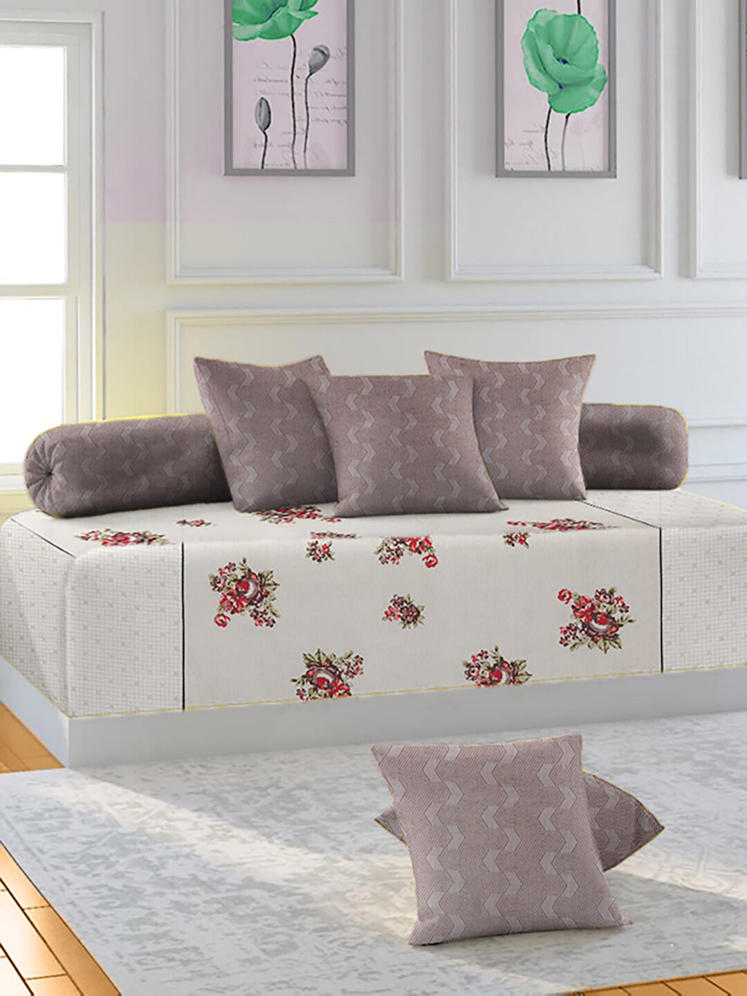 

THE WHITE MOSS Set Of 6 Mauve 220TC Printed Pure Cotton 220 TC Diwan Set