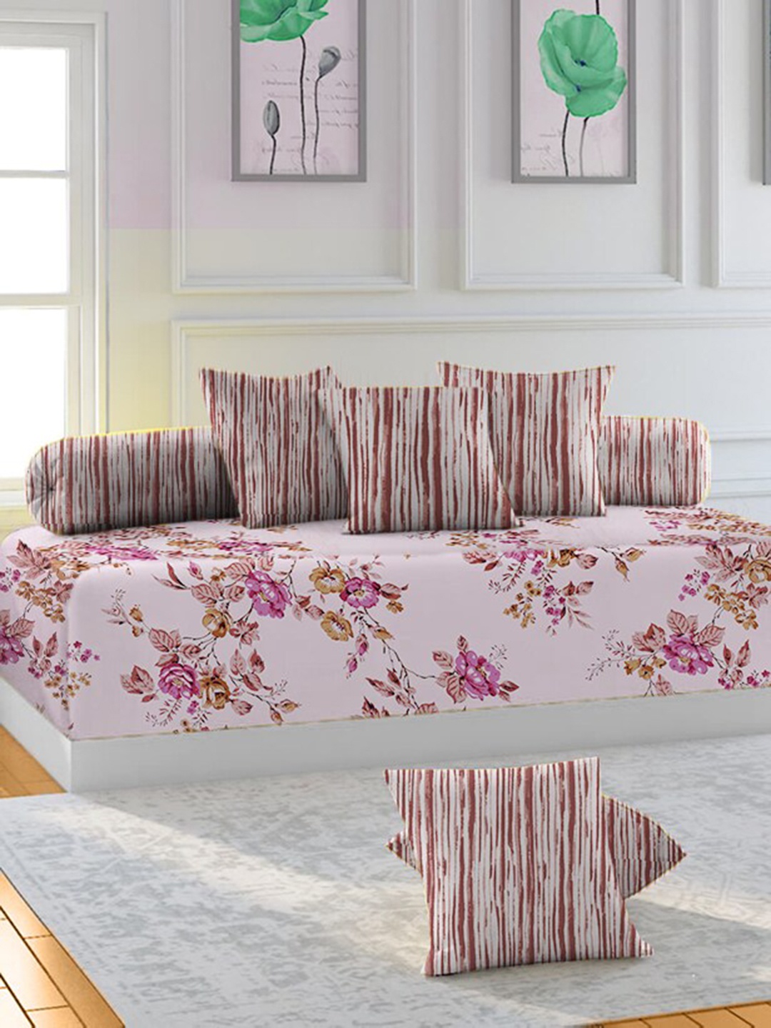 

THE WHITE MOSS Set Of 6 Pink 220TC Printed Cotton Bedsheet With Bolster & Cushion Covers