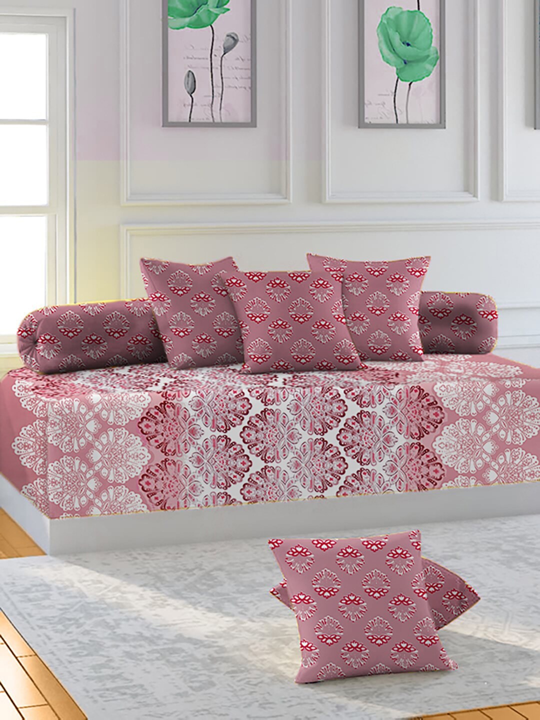 

THE WHITE MOSS Set Of 6 Printed 220TC Pure Cotton Diwan Set, Maroon