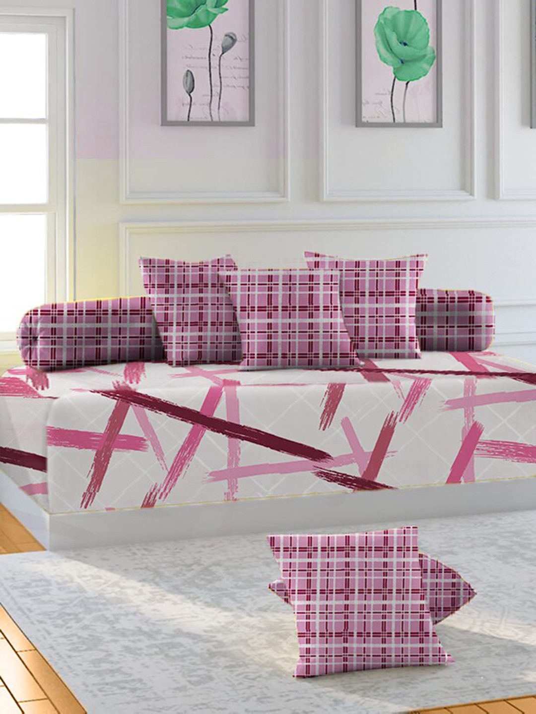 

THE WHITE MOSS Set Of 6 Striped 220 TC Pure Cotton Diwan Set, Pink
