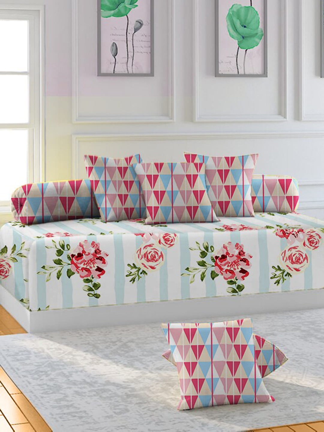 

THE WHITE MOSS Set Of 6 Floral-Printed 220 TC Cotton Diwan Set, Pink