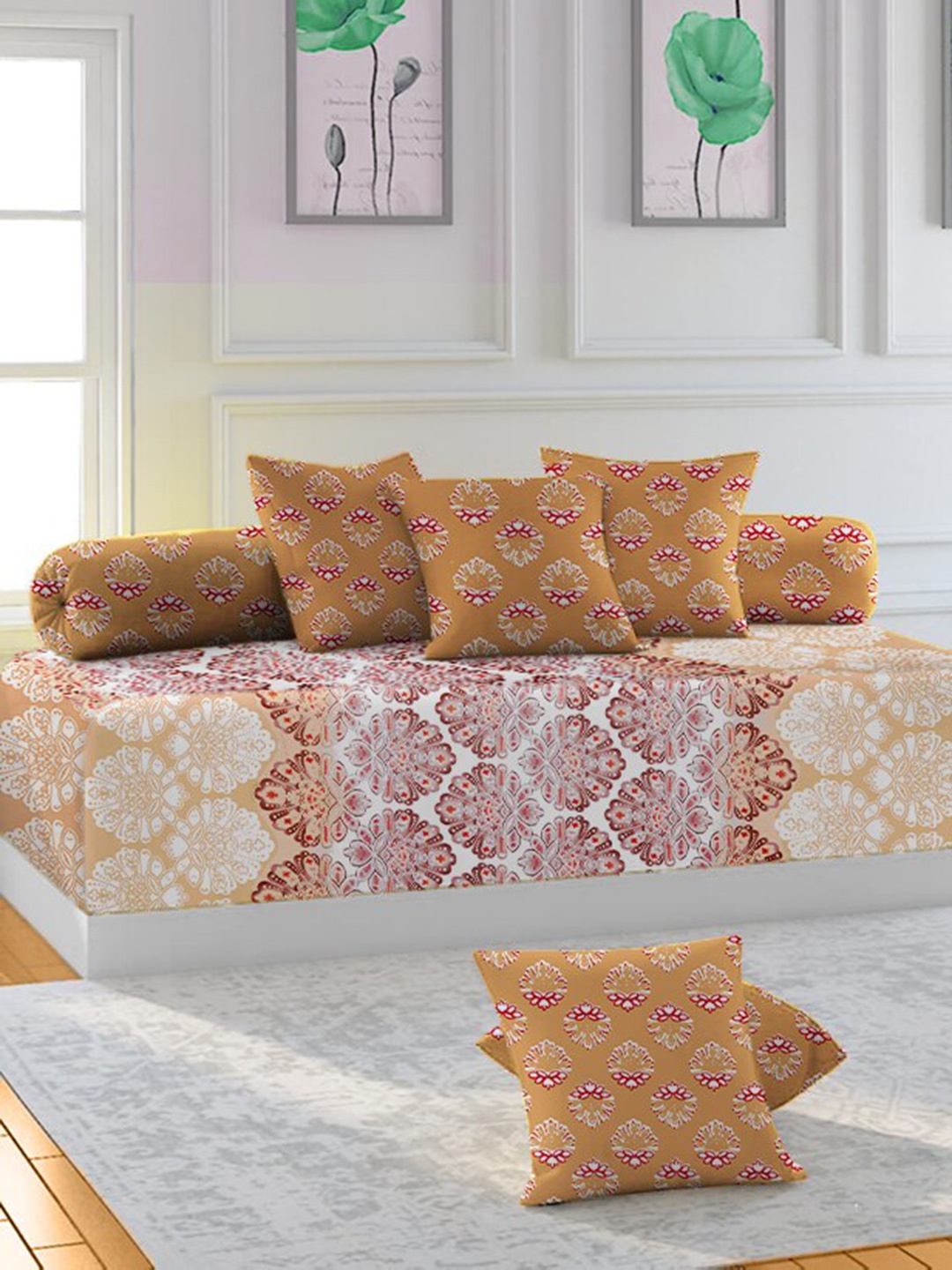 

THE WHITE MOSS Set Of 6 Printed 220 TC Diwan Set, Orange
