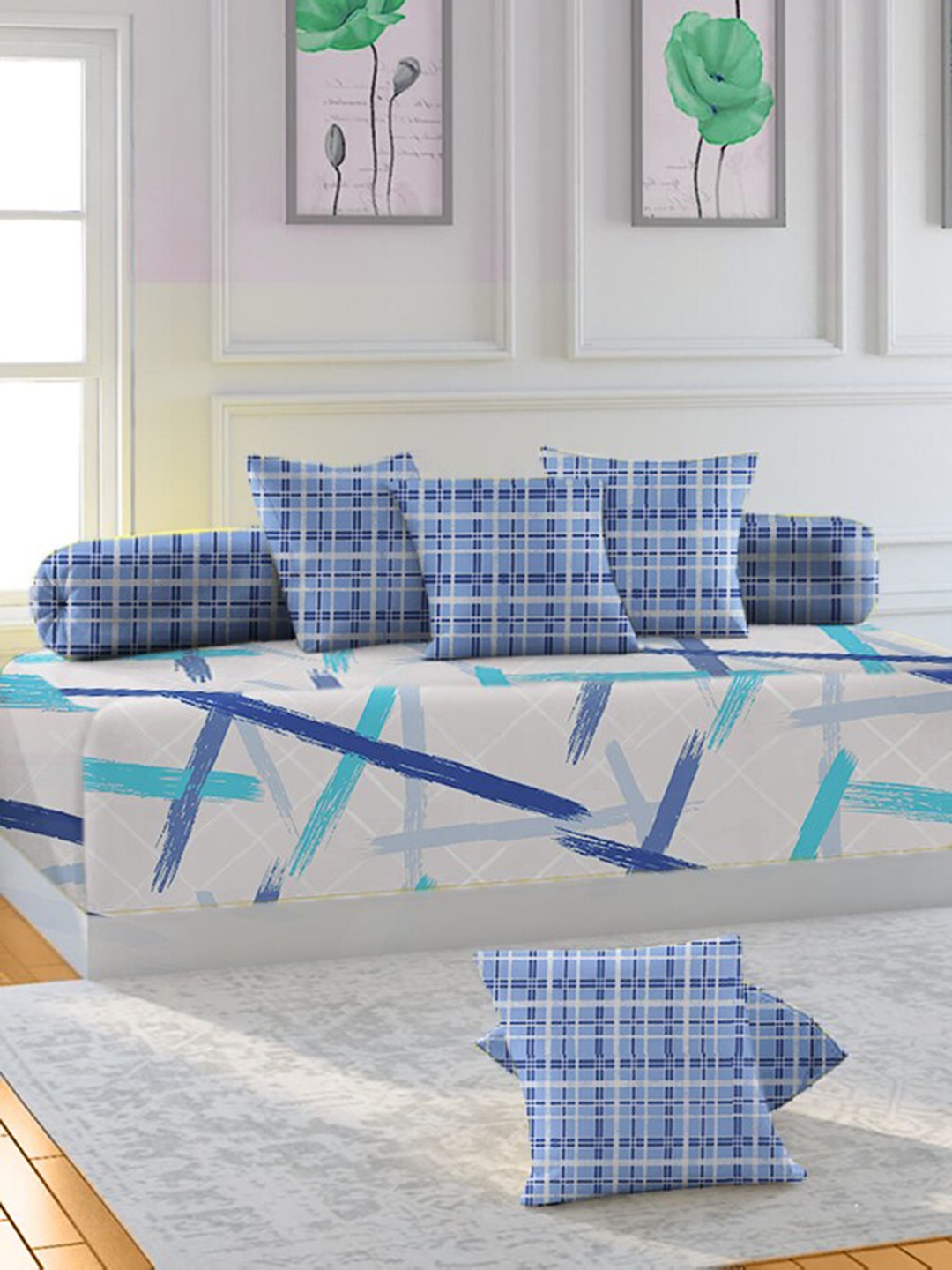 

THE WHITE MOSS Set Of 6 Printed Pure Cotton 220 TC Diwan Set, Blue