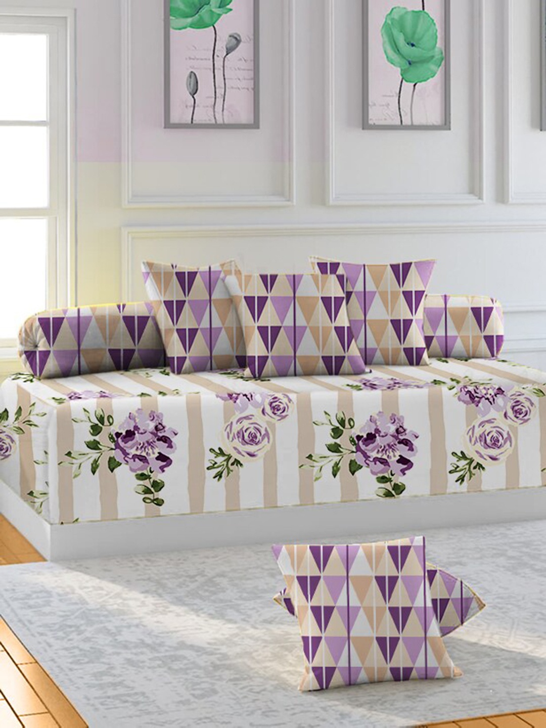 

THE WHITE MOSS Purple 6 Pcs Printed 220 TC Pure Cotton Diwan Set