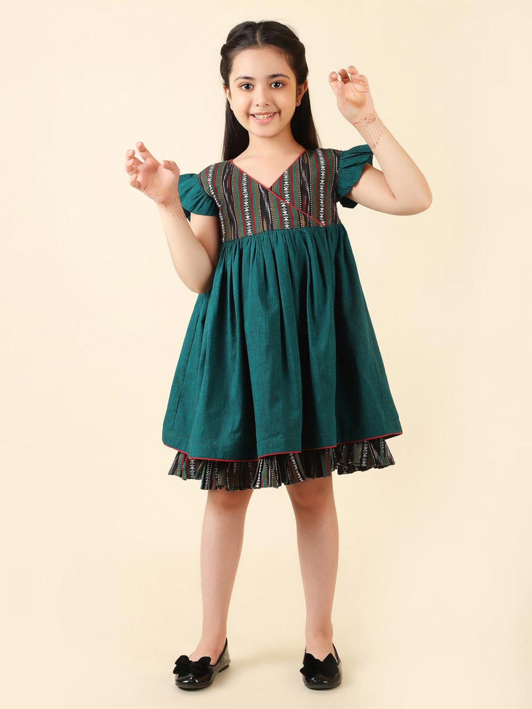 

Fabindia Girls Striped Layered Cotton Dress, Teal