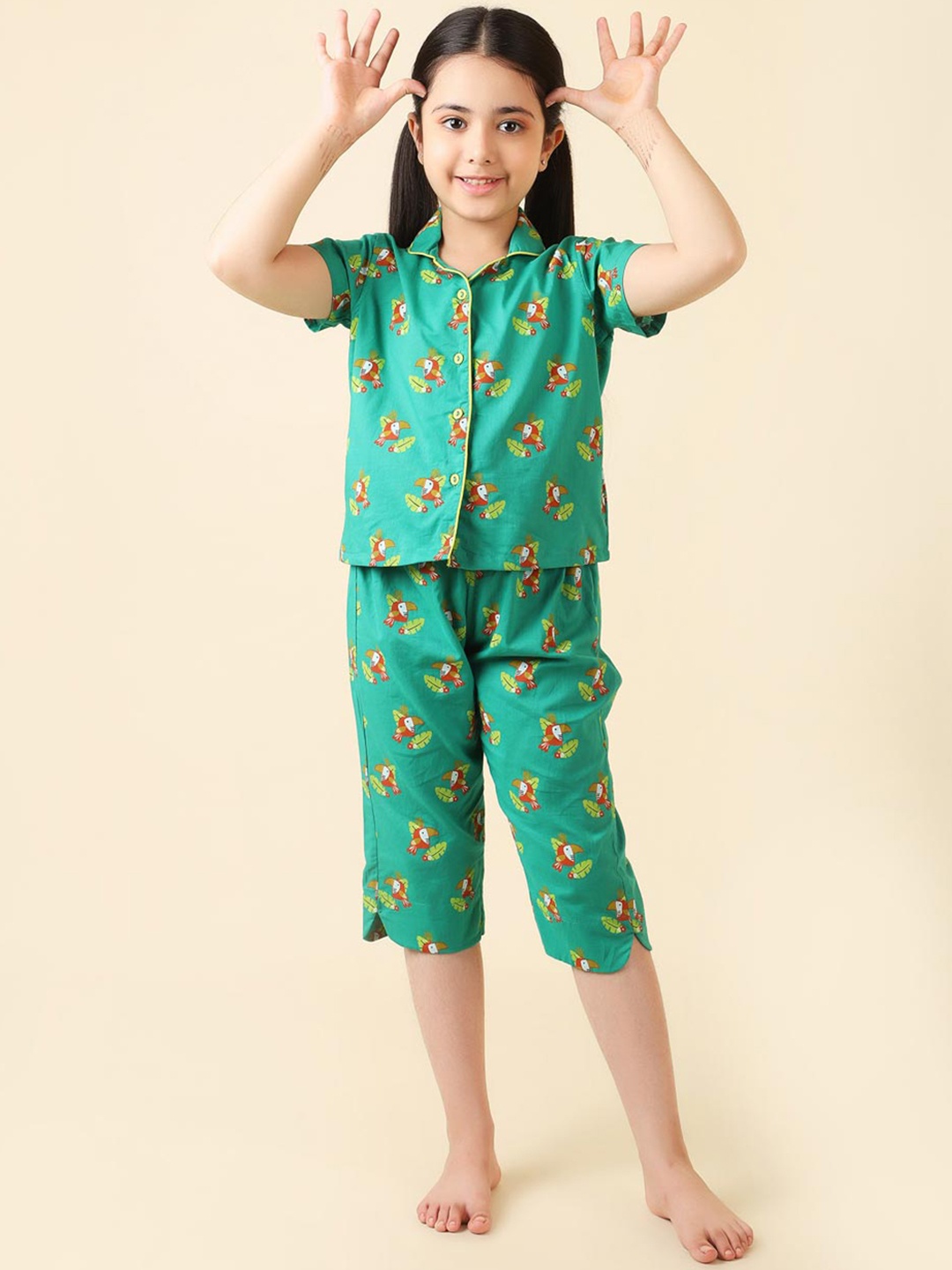 

Fabindia Girls Printed Pure Cotton Night suit, Green